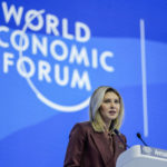 
              First Lady of Ukraine Olena Zelenska delivers a speech at the World Economic Forum in Davos, Switzerland Tuesday, Jan. 17, 2023. The annual meeting of the World Economic Forum is taking place in Davos from Jan. 16 until Jan. 20, 2023. (AP Photo/Markus Schreiber)
            
