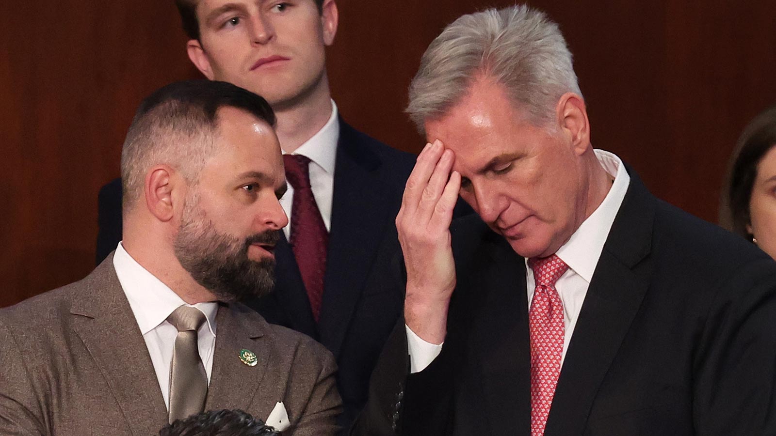 U.S. Rep.-elect Cory Mills (R-FL) (L) talks to House Republican Leader Kevin McCarthy (R-CA) in the...