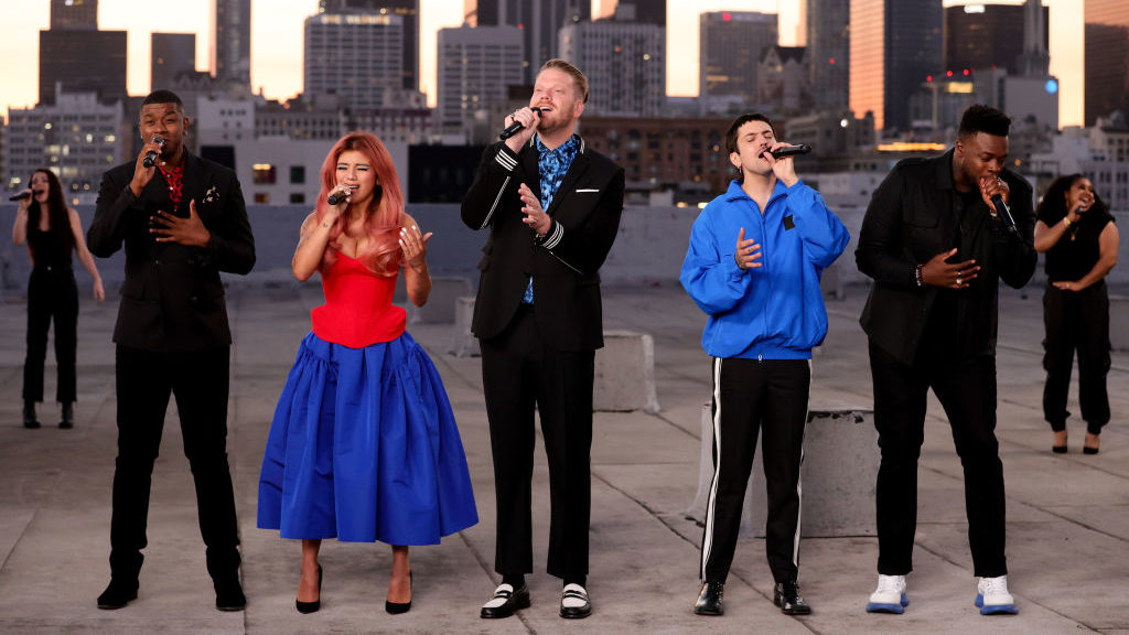 In this image released on July 02; Matt Sallee, Kirstin Maldonado, Scott Hoying, Mitch Grassi and K...