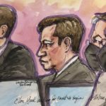 In this courtroom sketch, Elon Musk, center, sits next to attorney Alex Spiro, left, in federal court in San Francisco, Friday, Feb. 3, 2023. (Vicki Behringer via AP)