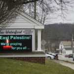 
              This is a sign outside the New Waterford, Ohio, United Methodist Church on Monday, Feb. 6, 2023, in support of neighboring community East Palestine, Ohio, that has been evacuated due to burning tank cars from a Norfolk Southern derailment that took place Friday night. (AP Photo/Gene J. Puskar)
            