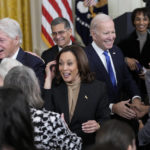 
              Former President Bill Clinton, Vice President Kamala Harris and President Joe Biden greets people after an event in the East Room of the White House in Washington, Thursday, Feb. 2, 2023, to mark the 30th Anniversary of the Family and Medical Leave Act. (AP Photo/Susan Walsh)
            