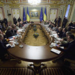 
              European Union and Ukrainian officials attend a working session at the EU-Ukraine summit in Kyiv, Ukraine, Friday, Feb. 3, 2023. (Ukrainian Presidential Press Office via AP)
            