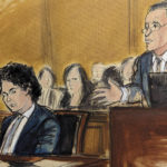 
              In this courtroom sketch, in federal court in New York, Thursday, Feb. 16, 2023, Samuel Bankman Fried, seated left, watches as his defense attorney, Mark Cohen, addresses Judge Lewis Kaplan during a bail hearing. Kaplan showed growing impatience Thursday with FTX founder Sam Bankman-Fried's use of the internet, suggesting that incarceration might eventually be the most effective way to prevent him from violating his bail conditions by communicating on electronic devices in ways that can't be traced. (AP Photo/Elizabeth Williams)
            