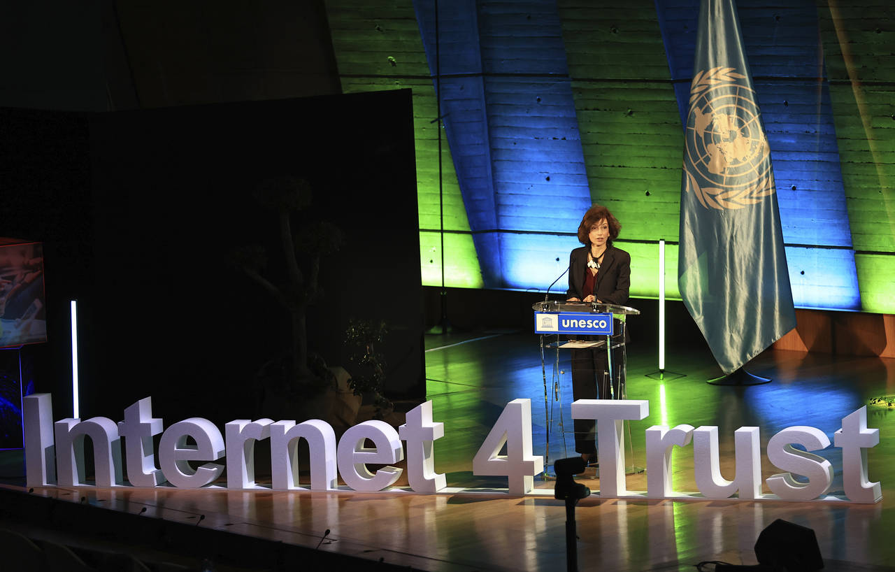 UNESCO Director General Audrey Azoulay, delivers her speech during a conference on guidelines for r...
