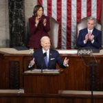 
              President Joe Biden delivers the State of the Union address to a joint session of Congress at the U.S. Capitol, Tuesday, Feb. 7, 2023, in Washington. Vice President Kamala Harris and House Speaker Kevin McCarthy of Calif., applaud. (AP Photo/Patrick Semansky)
            