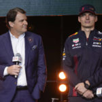 
              Ford CEO Jim Farley, left, and Red Bull Racing driver Max Verstappen participate in an Oracle Red Bull Racing event in New York, Friday, Feb. 3, 2023. Ford will return to Formula One as the engine provider for Red Bull Racing in a partnership announced Friday that begins with immediate technical support this season and engines in 2026. (AP Photo/Seth Wenig)
            