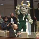 
              University of South Florida mascot Rocky the Bull is recognized in the Senate gallery as he watches the legislative process with some of his their students on Wednesday, Feb. 8, 2023, at the Capitol in Tallahassee, Fla. (AP Photo/Phil Sears)
            