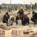 
              People at the cemetery as they bury their loved ones, victims of Monday earthquake, in Adiyaman, Turkey,  Friday, Feb. 10, 2023. Emergency crews made a series of dramatic rescues in Turkey on Friday, pulling several people, some almost unscathed, from the rubble, four days after a catastrophic earthquake killed more than 20,000.(AP Photo/Emrah Gurel)
            