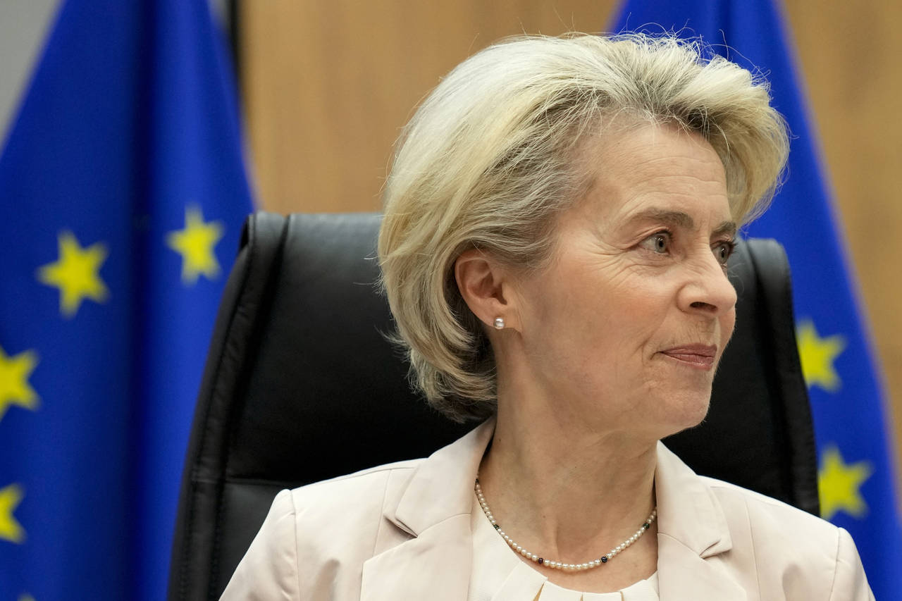 European Commission President Ursula von der Leyen waits for the start of the weekly college of com...