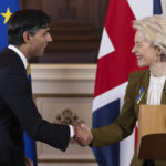 
              Britain's Prime Minister Rishi Sunak and EU Commission President Ursula von der Leyen, right, shake hands after a press conference at Windsor Guildhall, Windsor, England, Monday Feb. 27, 2023. The U.K. and the European Union ended years of wrangling and acrimony on Monday, sealing a deal to resolve their thorny post-Brexit trade dispute over Northern Ireland. (Dan Kitwood/Pool via AP)
            