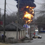 
              A black plume and fireball rise over East Palestine, Ohio, as a result of a controlled detonation of a portion of the derailed Norfolk Southern trains Monday, Feb. 6, 2023. (AP Photo/Gene J. Puskar)
            