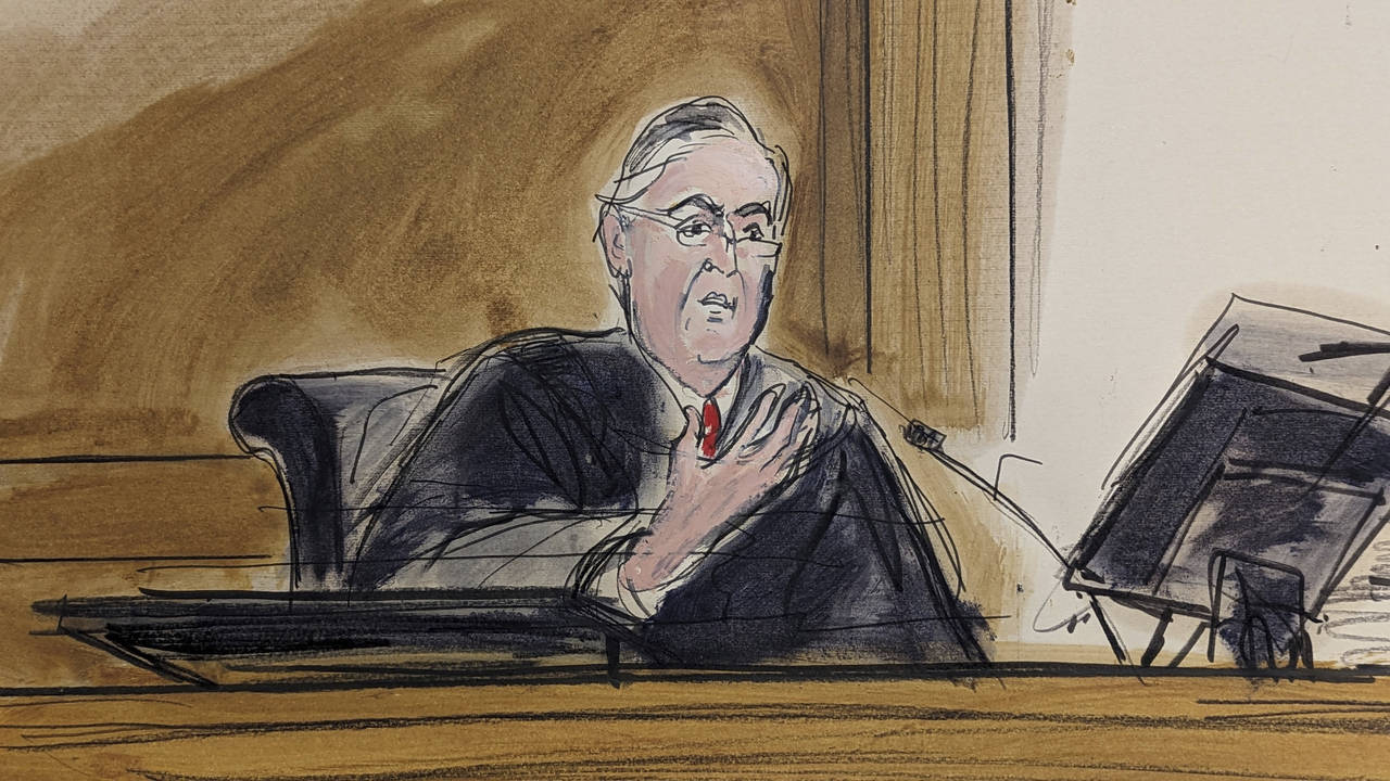 In this courtroom sketch, in federal court in New York, Thursday, Feb. 16, 2023, Judge Lewis Kaplan...