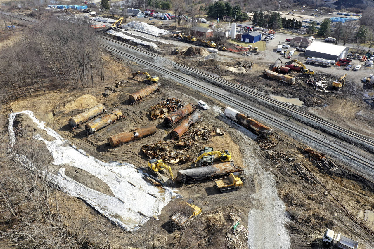 FILE - A view of the scene Friday, Feb. 24, 2023, as the cleanup continues at the site of a Norfolk...