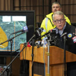 
              Ohio Governor Mike DeWine meets with reporters after touring the Norfolk and Southern train derailment site in East Palestine, Ohio, Monday, Feb. 6, 2023. Authorities in Ohio say they plan to release toxic chemicals from five cars of a derailed train in Ohio to reduce the threat of an explosion. Gov. DeWine says a “controlled release” of vinyl chloride will take place on Monday at 3:30 p.m. (AP Photo/Gene J. Puskar)
            