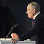 
              Russian President Vladimir Putin gives his annual state of the nation address in Moscow, Russia, Tuesday, Feb. 21, 2023. (Maxim Blinov, Sputnik, Kremlin Pool Photo via AP)
            