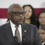 
              Rep. Jim Clyburn, D-S.C., speaks before Vice President Kamala Harris gives remarks on broadband internet expansion on Monday, Feb. 27, 2023, at Benedict College in Columbia, S.C. (AP Photo/Meg Kinnard)
            