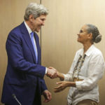 
              U.S. Special Presidential Envoy for Climate John Kerry, left, shakes hands with Brazilian Environment Minister Marina Silva at the Environment Ministry in Brasilia, Brazil, Tuesday, Feb. 28, 2023. (AP Photo/Gustavo Moreno)
            