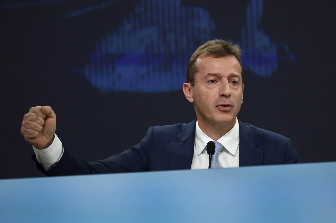 Airbus Chief Executive Officer Guillaume Faury gestures during Airbus' Annual Press Conference, Thu...