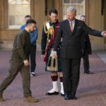 
              Ukrainian President Volodymyr Zelensky is greeted by Sir Clive Alderton, Principal Private Secretary to King Charles III, as he arrives for an audience with the King at Buckingham Palace, London, Wednesday Feb. 8, 2023. It is the first visit to the UK by the Ukraine President since the war began nearly a year ago. (Kirsty O'Connor/Pool via AP)
            