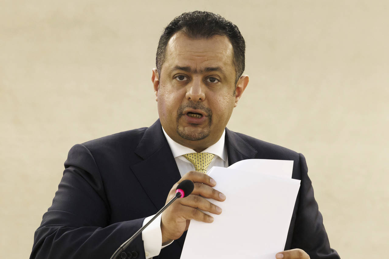 Yemen's Prime minister Maeen Abdulmalik Saeed adresses his statement, during the opening of the Hig...