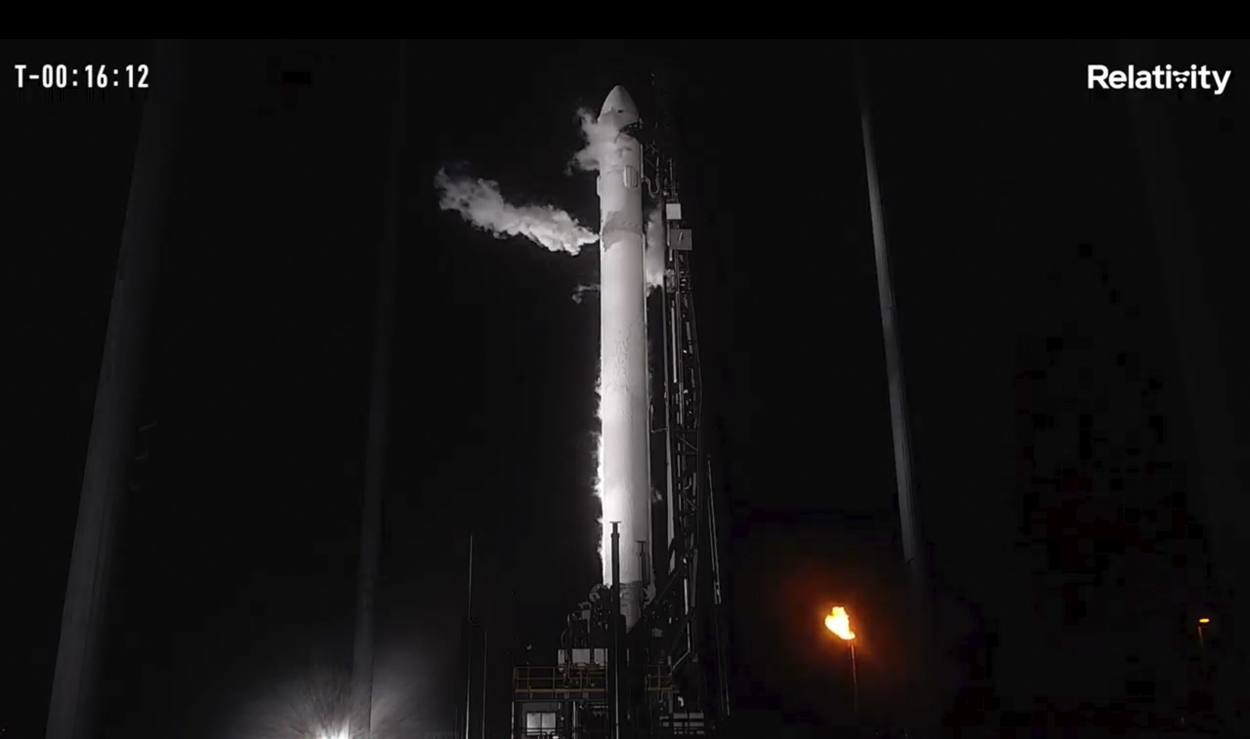 In this frame grab from livestreamed video provided by Relativity Space, Terran 1 sits on a launch ...