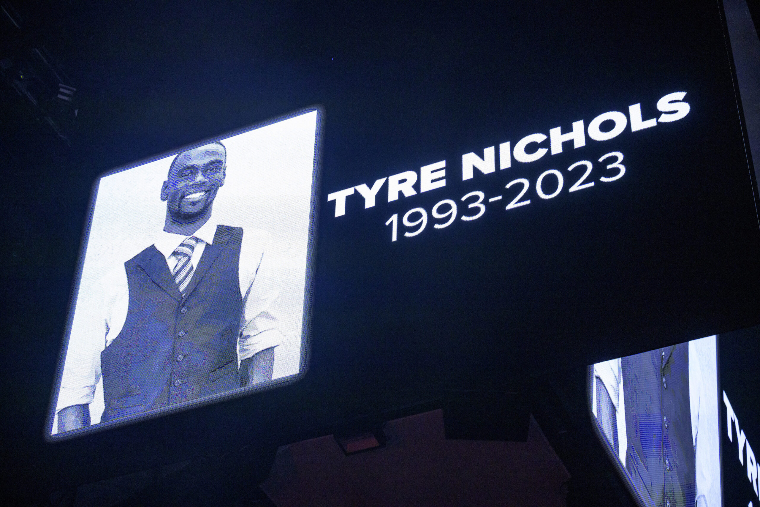 FILE - The screen at the Smoothie King Center in New Orleans honors Tyre Nichols before an NBA bask...