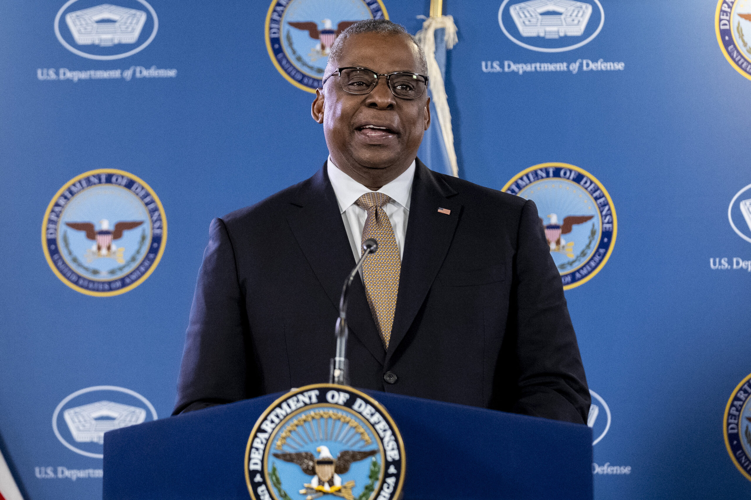 Secretary of Defense Lloyd Austin, speaks during a briefing with Chairman of the Joint Chiefs, Gen....