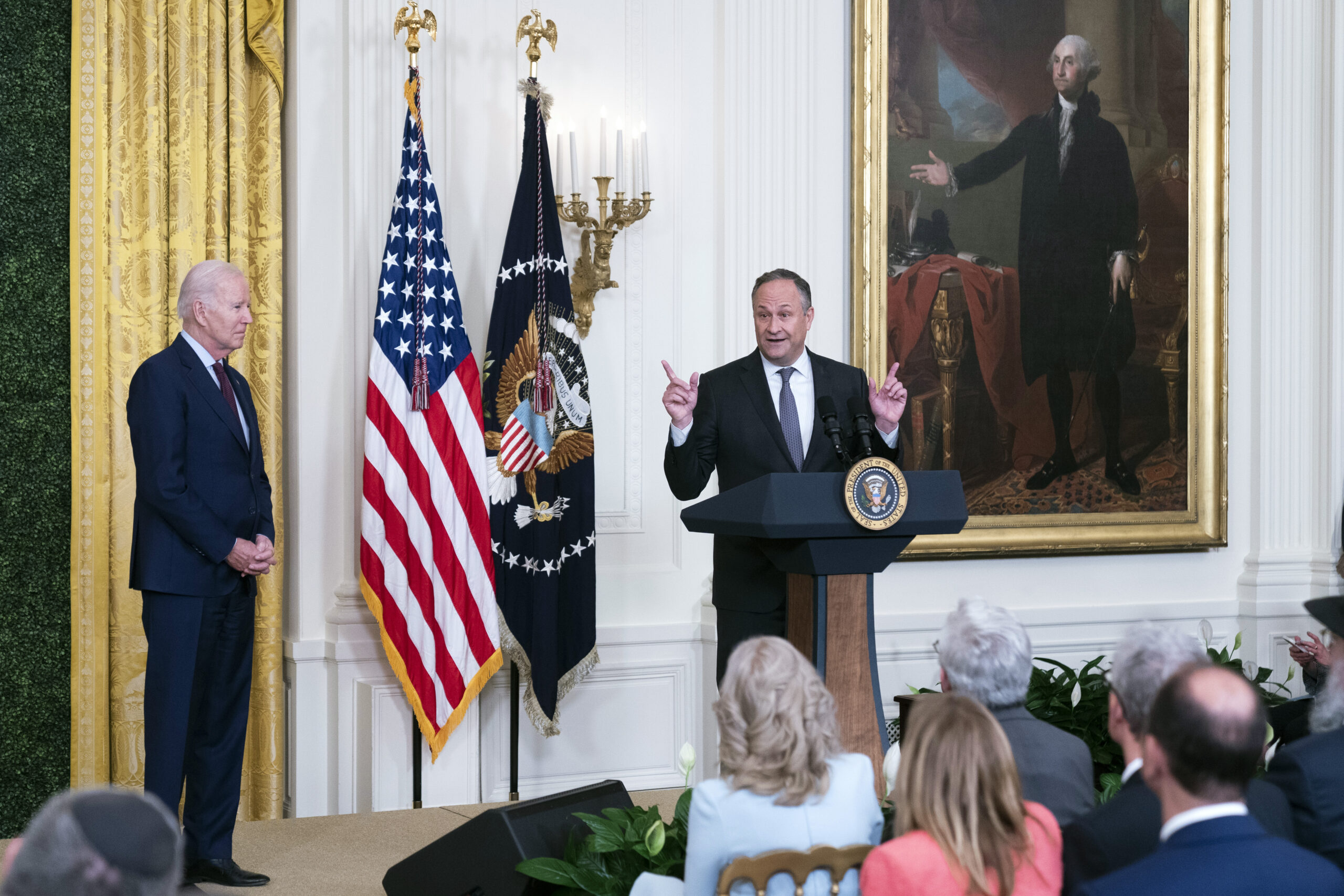 Doug Emhoff, husband of Vice President Kamala Harris, introduces President Joe Biden during the cel...