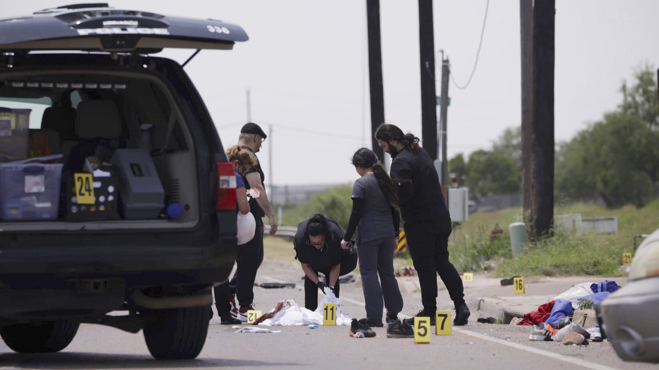 Emergency personnel respond to a fatal collision in Brownsville, Texas, on Sunday, May 7, 2023. Sev...