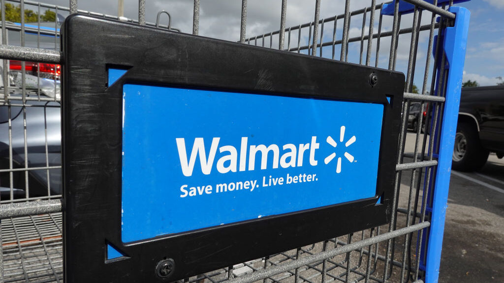A cart sits outside of a Walmart store on January 24, 2023 in Miami, Florida. (Photo by Joe Raedle/...