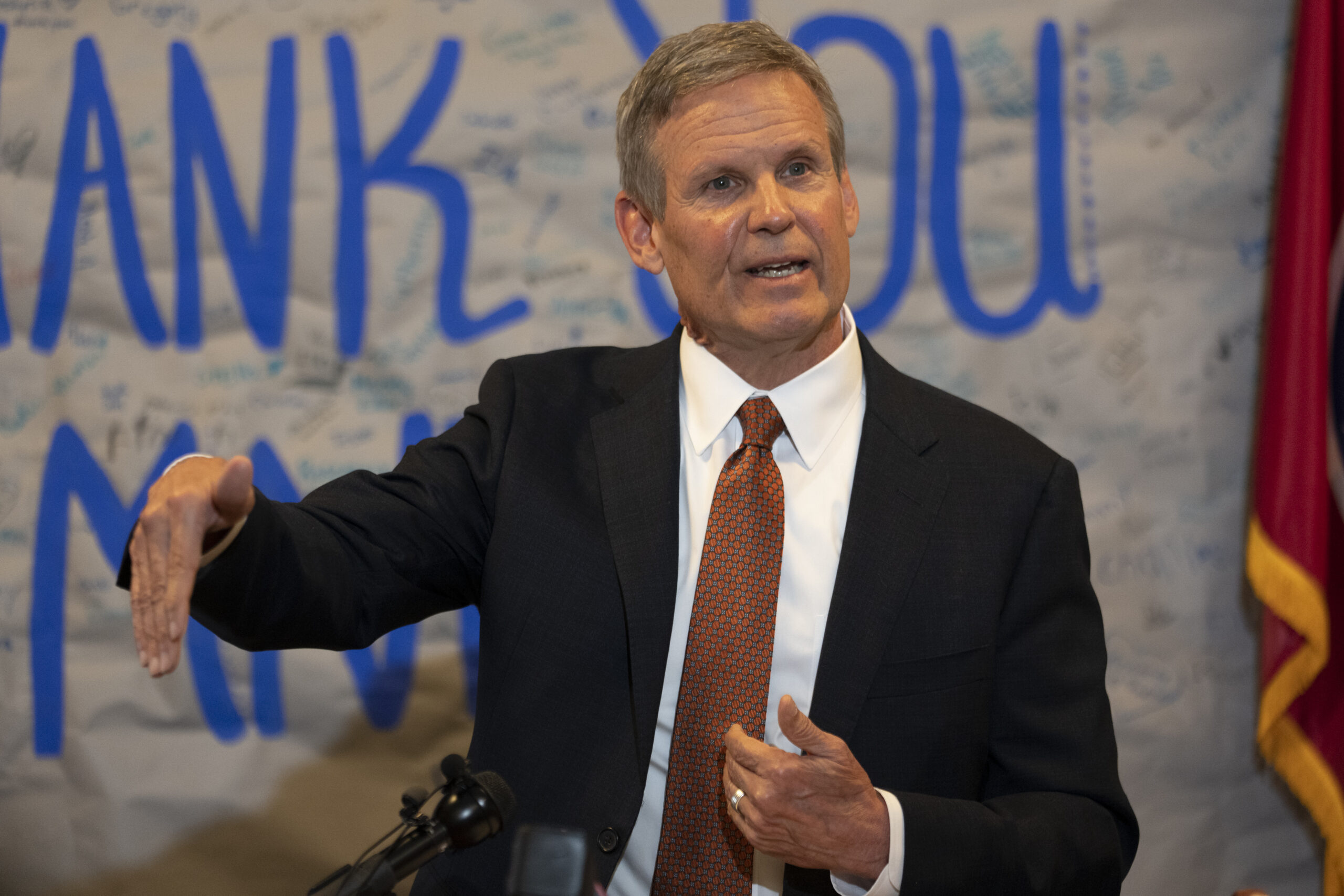 FILE - Tennessee Gov. Bill Lee responds to questions during a news conference Tuesday, April 11, 20...