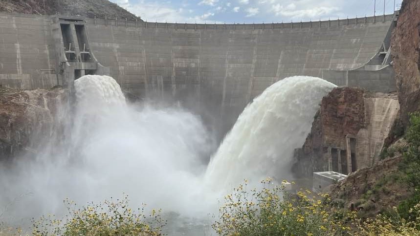Theodore Roosevelt Dam undergoes a spill gate test May 11, 2023. (Photo courtesy Salt River Project...
