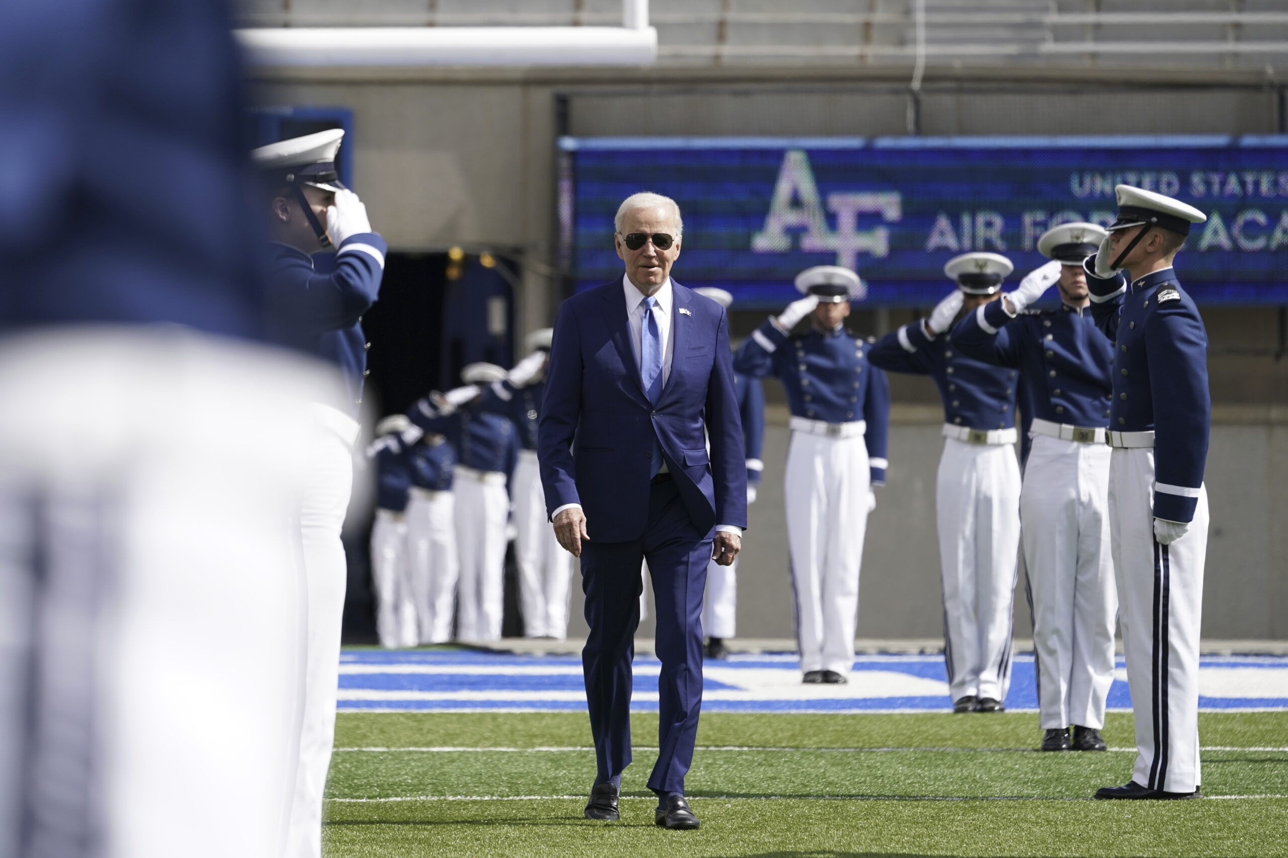 President Joe Biden arrives to the 2023 United States Air Force Academy Graduation Ceremony at Falc...