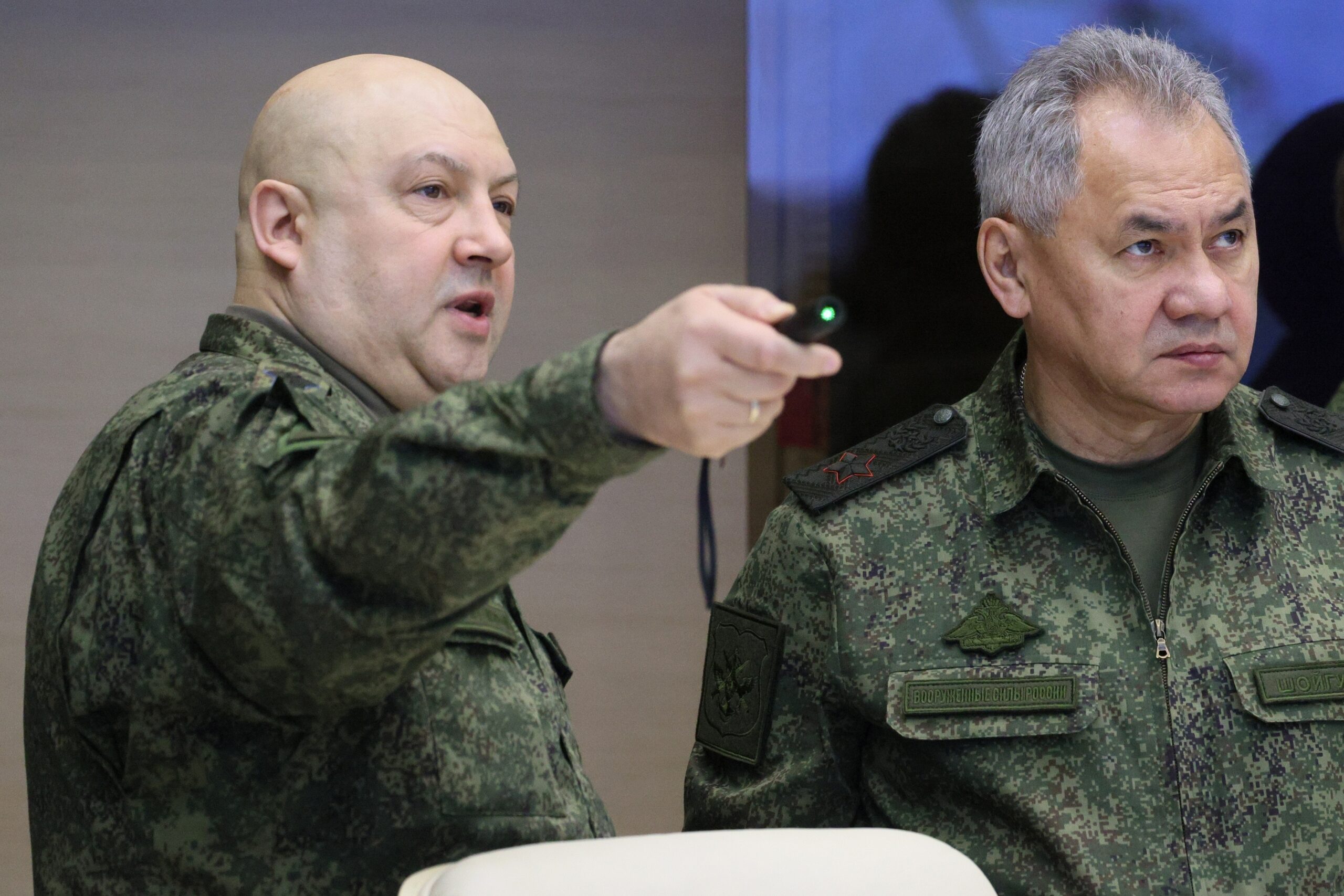FILE - The top Russian military commander in Ukraine, Gen. Sergei Surovikin, left, and Russian Defe...