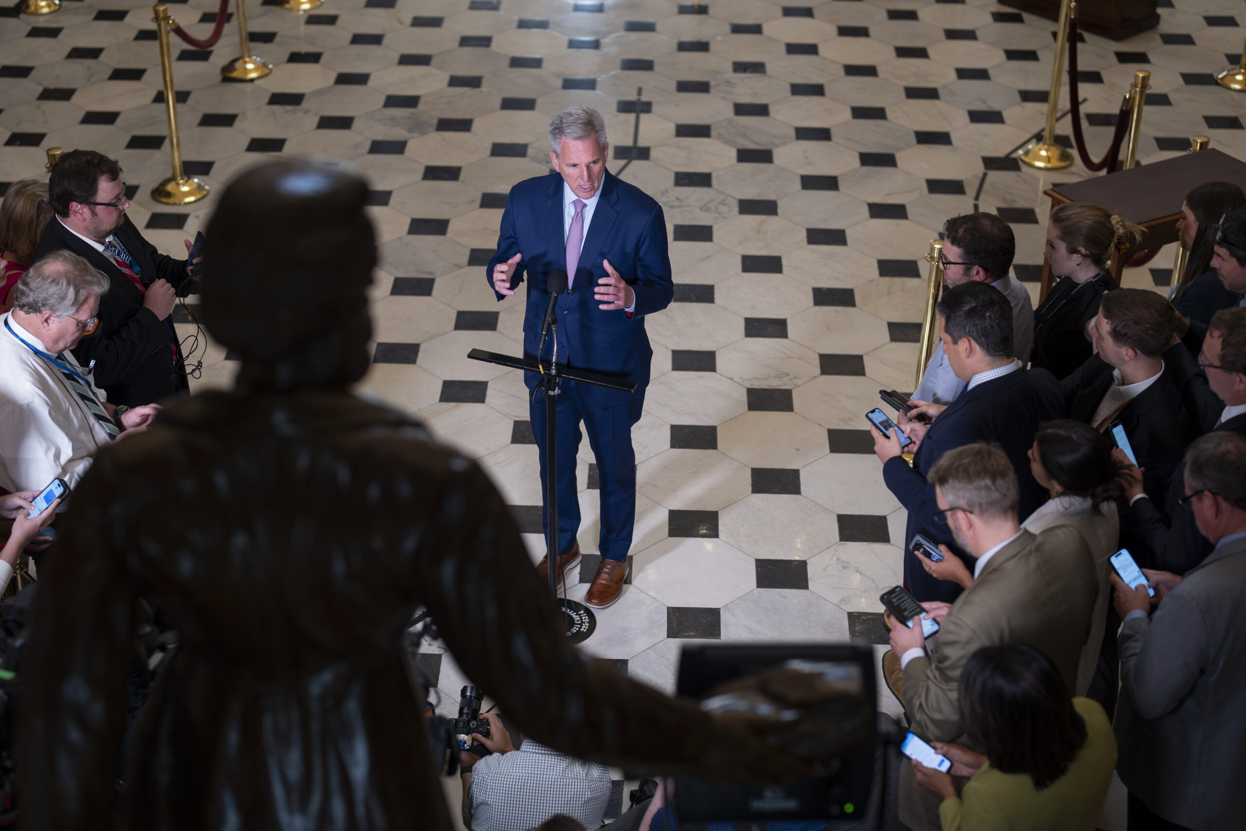 Speaker of the House Kevin McCarthy, R-Calif., talks to reporters following the visit and address t...