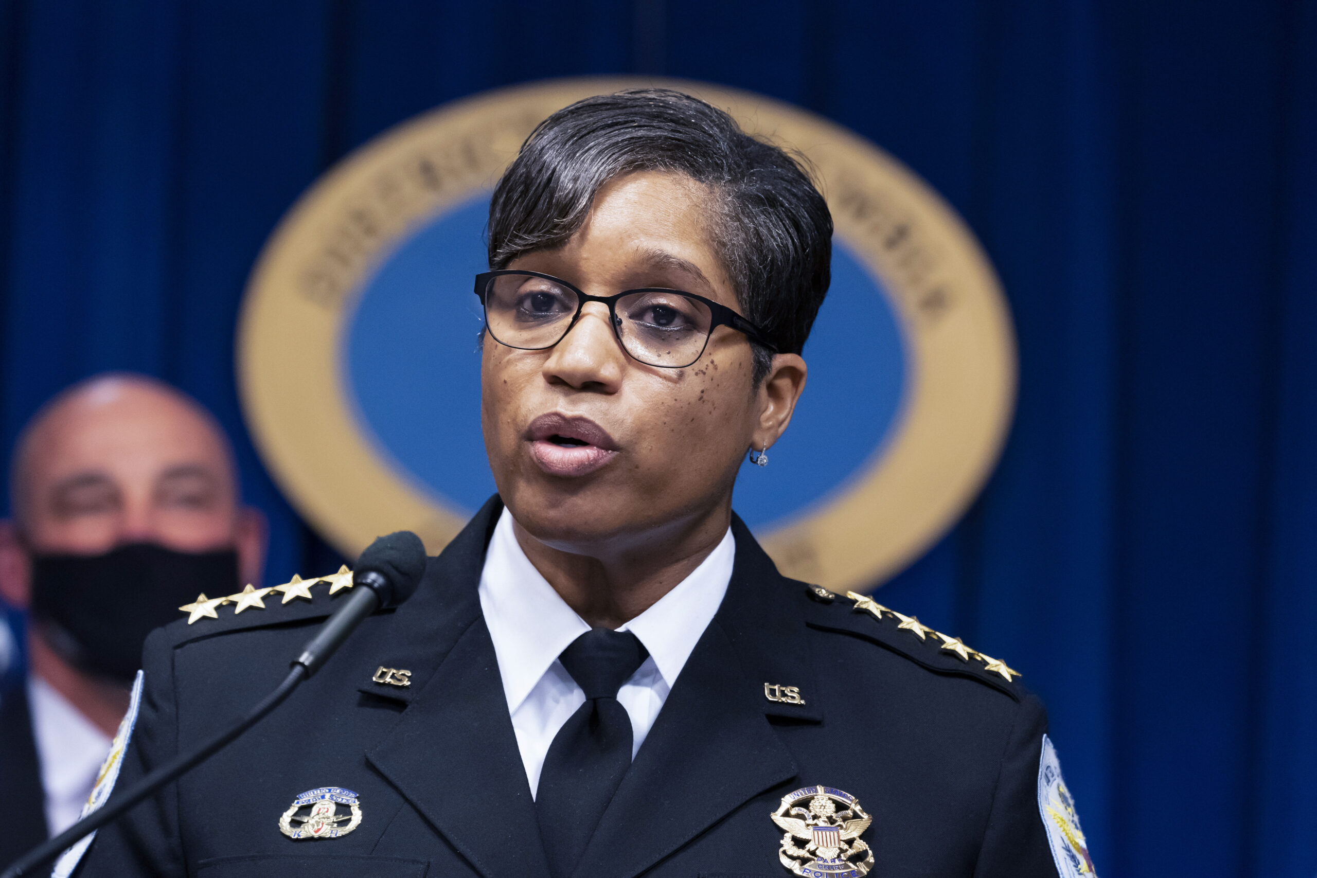 FILE - Then U.S. Park Police Chief Pamela Smith discusses preparations for the 2022 State of the Un...