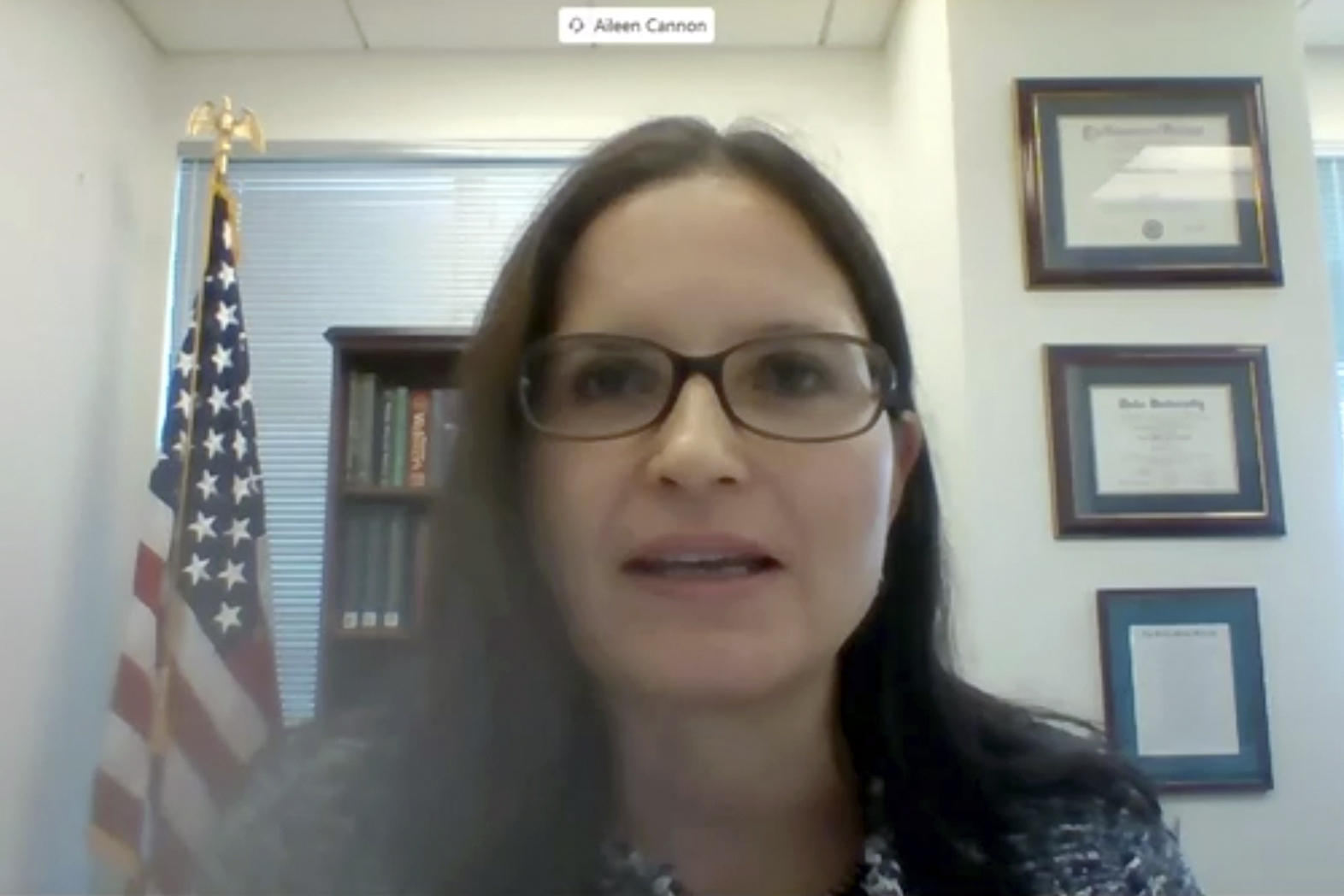 In this image from video provided by the U.S. Senate, Aileen M. Cannon speaks remotely during a Sen...