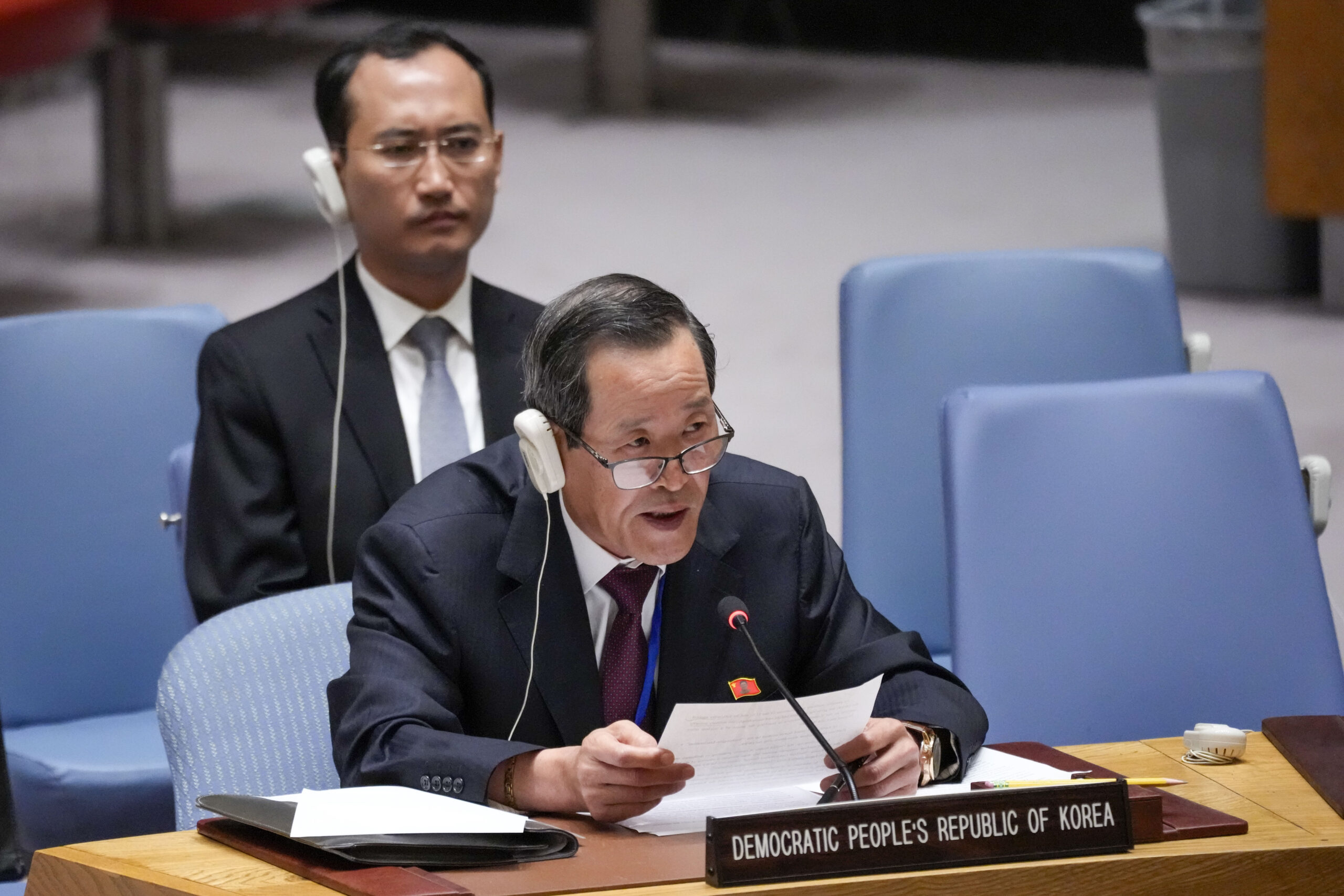 North Korean Ambassador to the United Nations Kim Song addresses a Security Council meeting on Non-...