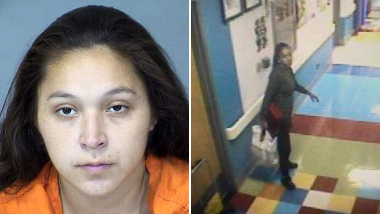 Mugshot of Rosa Santana and surveillance image of her carrying her baby. Santana faces child abuse ...