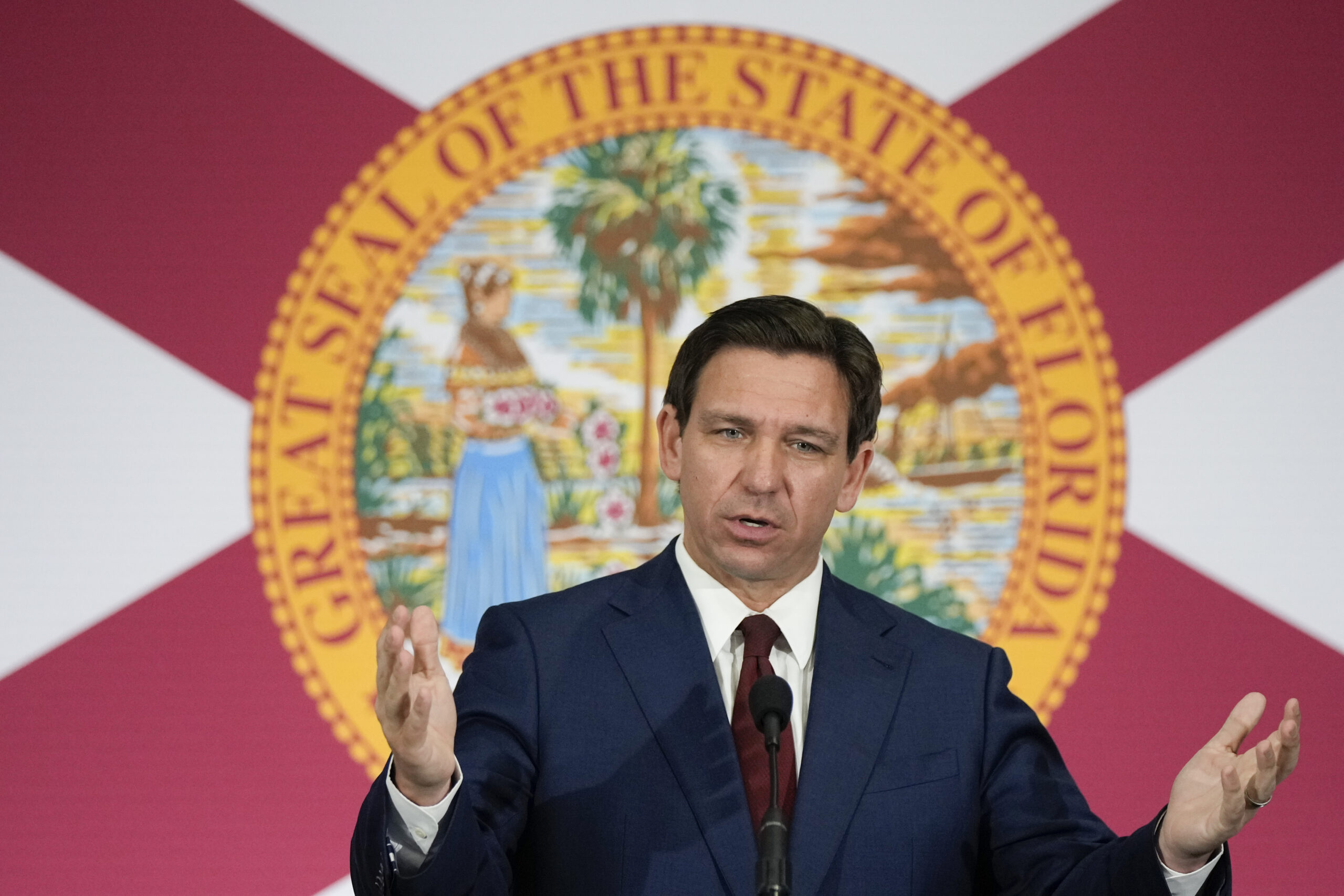 FILE - Florida Gov. Ron DeSantis speaks during a news conference to sign several bills related to p...