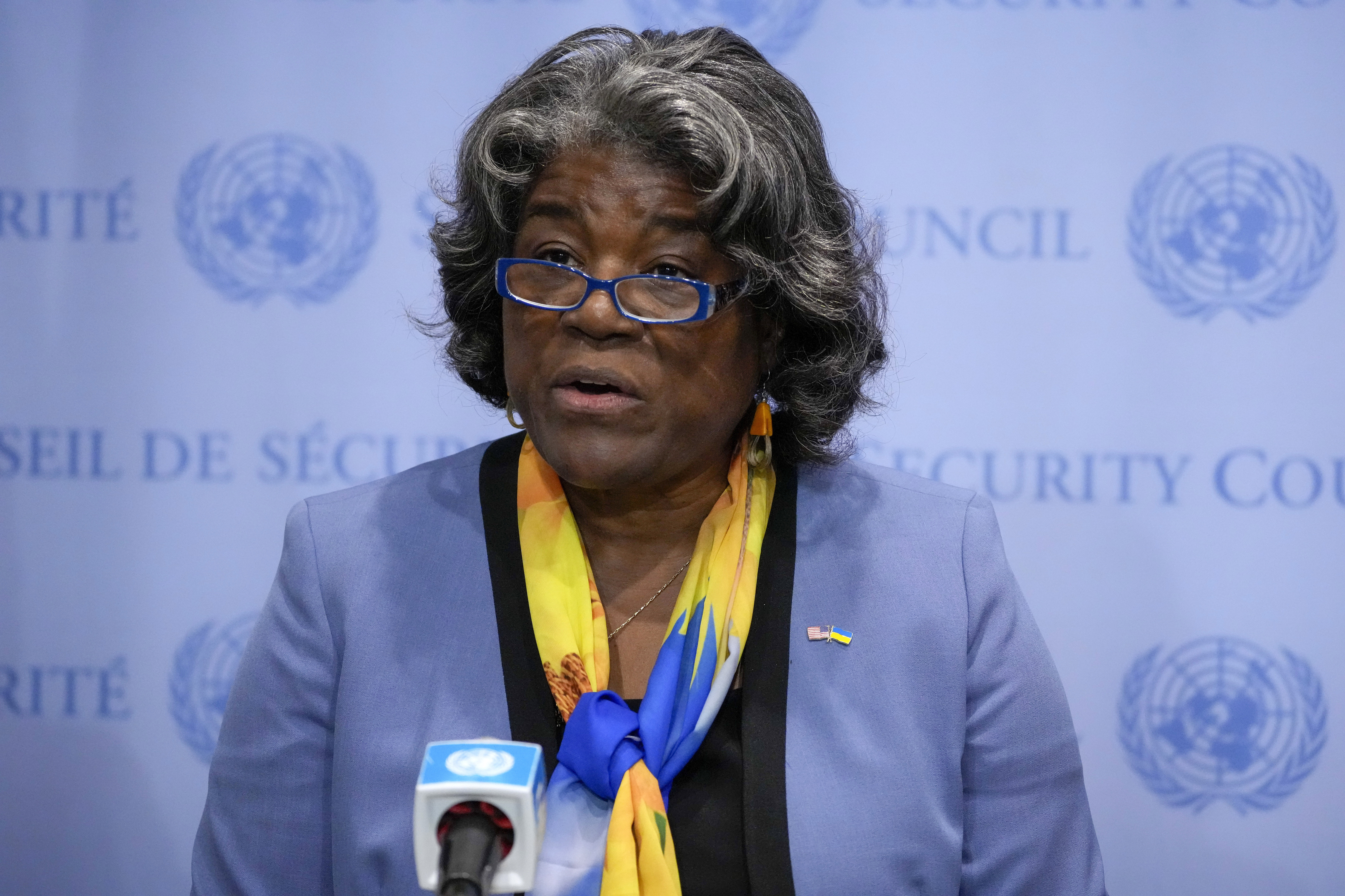 Linda Thomas-Greenfield, United States Ambassador to the United Nations, speaks after a meeting of ...