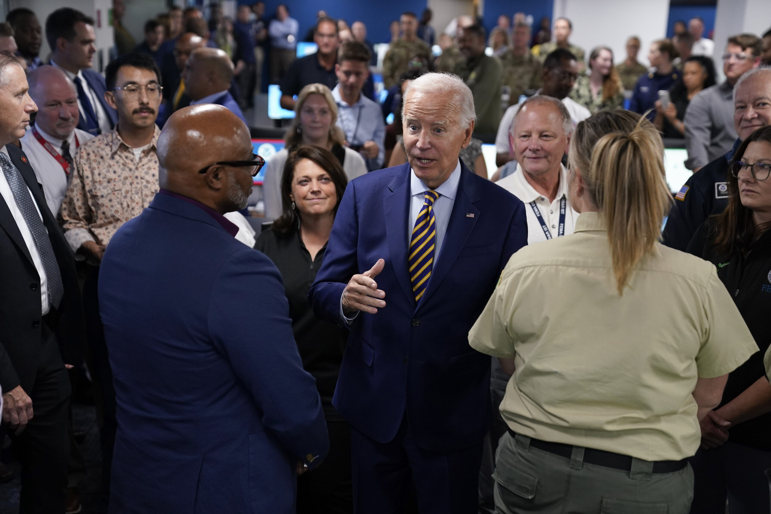 FILE - President Joe Biden speaks during a visit to FEMA headquarters, Thursday, Aug. 31, 2023, in ...