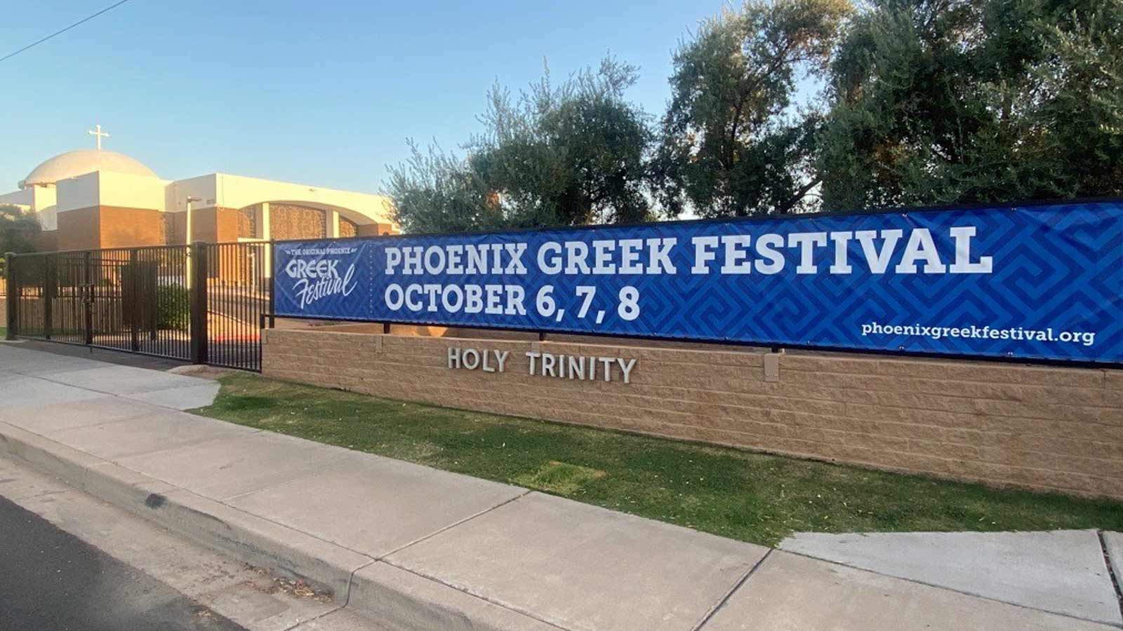 Sign for the 2023 Original Phoenix Greek Festival outside the Holy Trinity Greek Orthodox Cathedral...