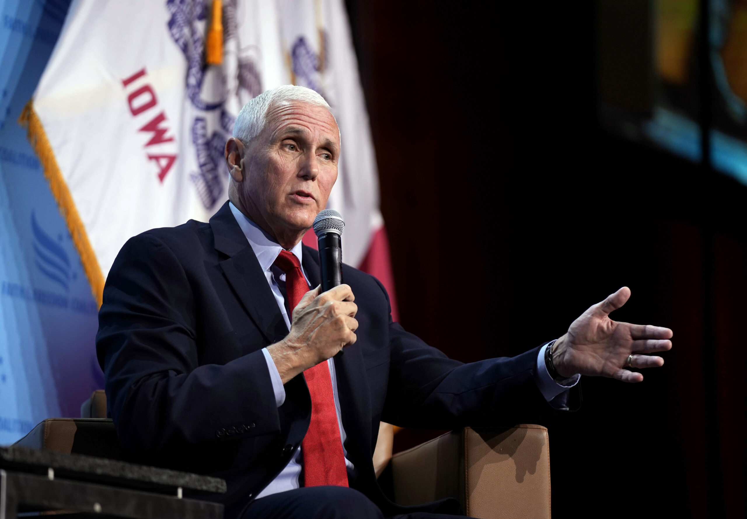 FILE - Republican presidential candidate and former Vice President Mike Pence speaks at the Iowa Fa...