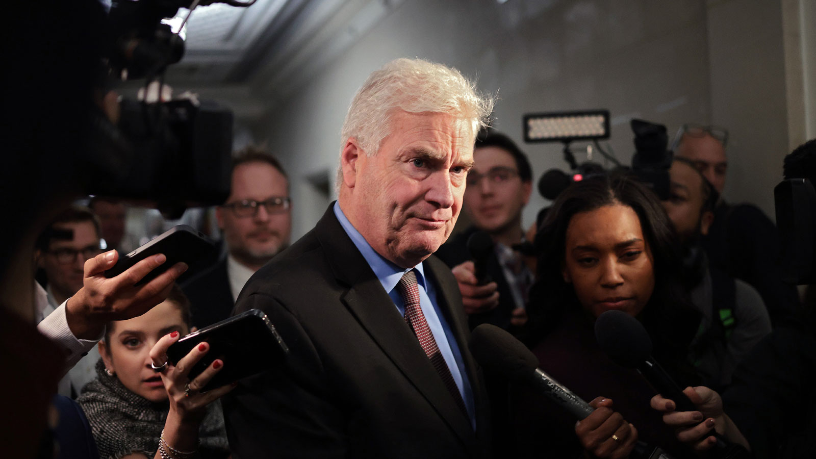 Rep. Tom Emmer (R-MN) speaks to reporters as he leaves a House Republican candidates forum where co...