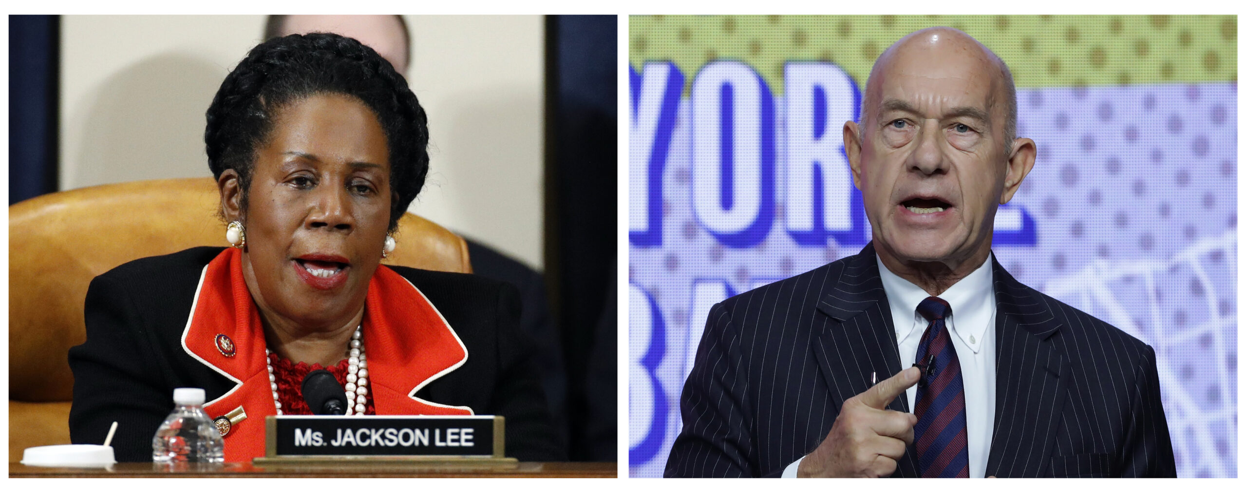 FILE - In this photo combination, U.S. Rep. Shelia Jackson Lee, D-Texas, left, speaks during a meet...