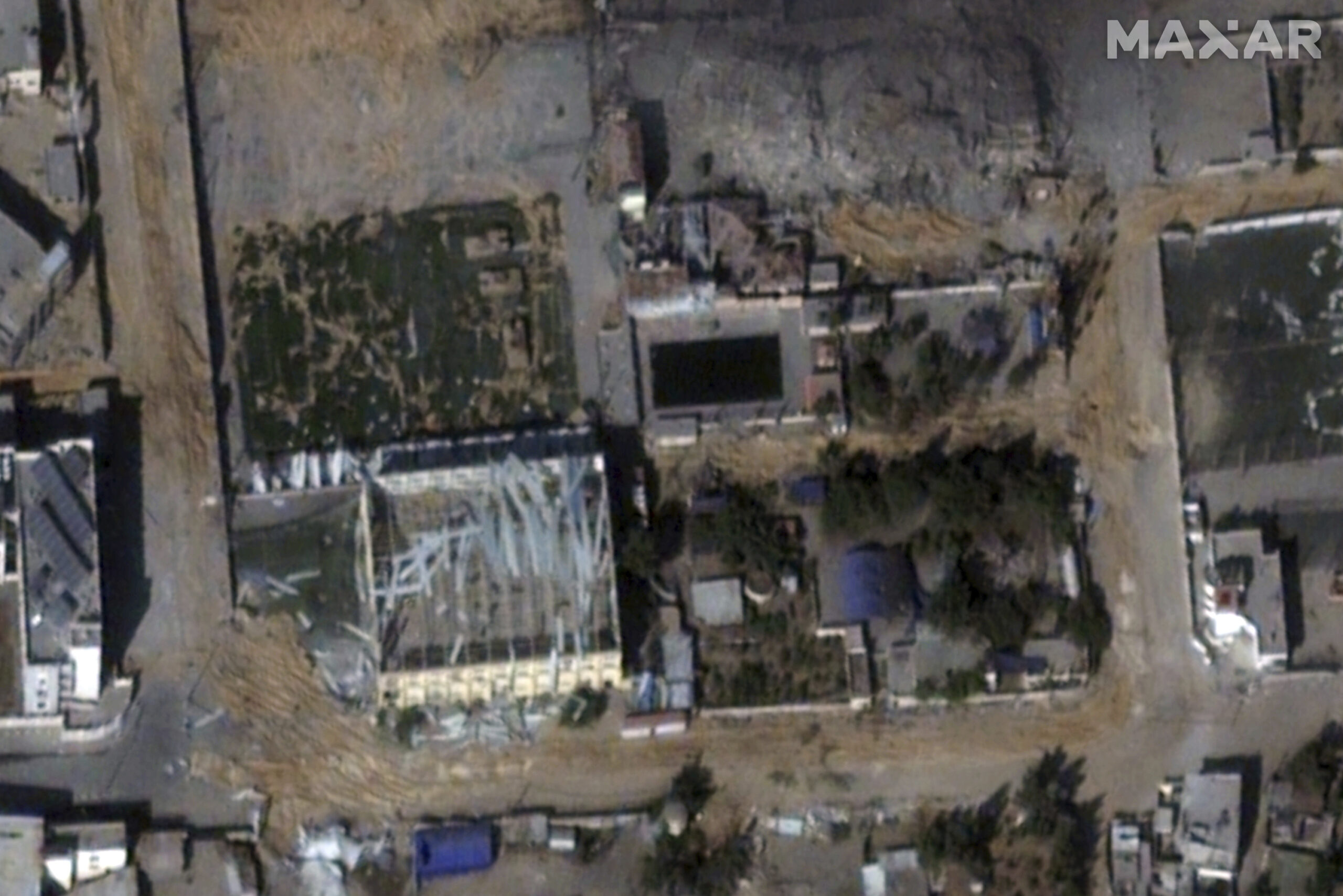 This satellite image provided by Maxar Technologies shows the Gaza Sports Club in Gaza City on Nov....