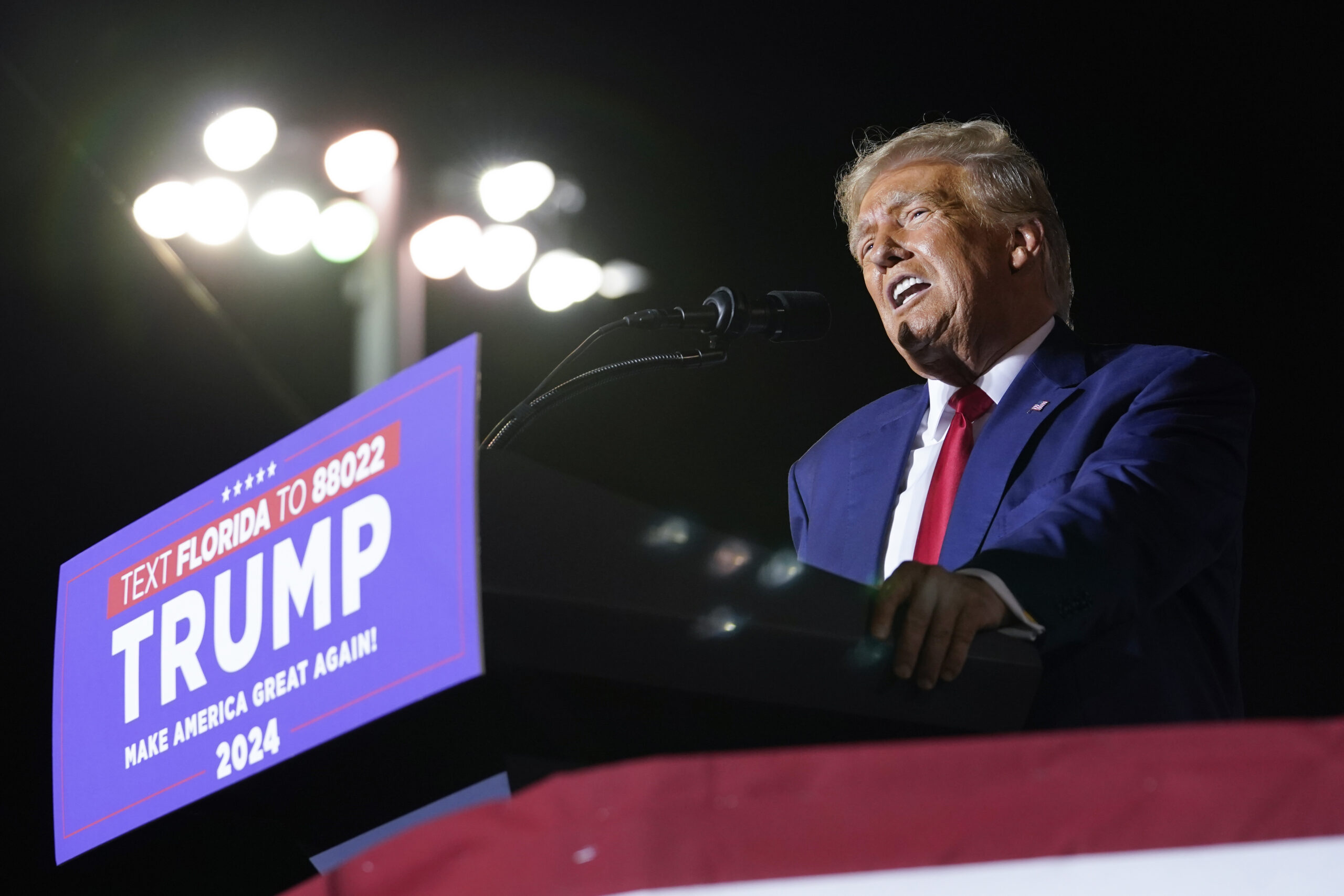 FILE - Former President Donald Trump speaks at a campaign rally in Hialeah, Fla., Nov. 8, 2023. Eve...