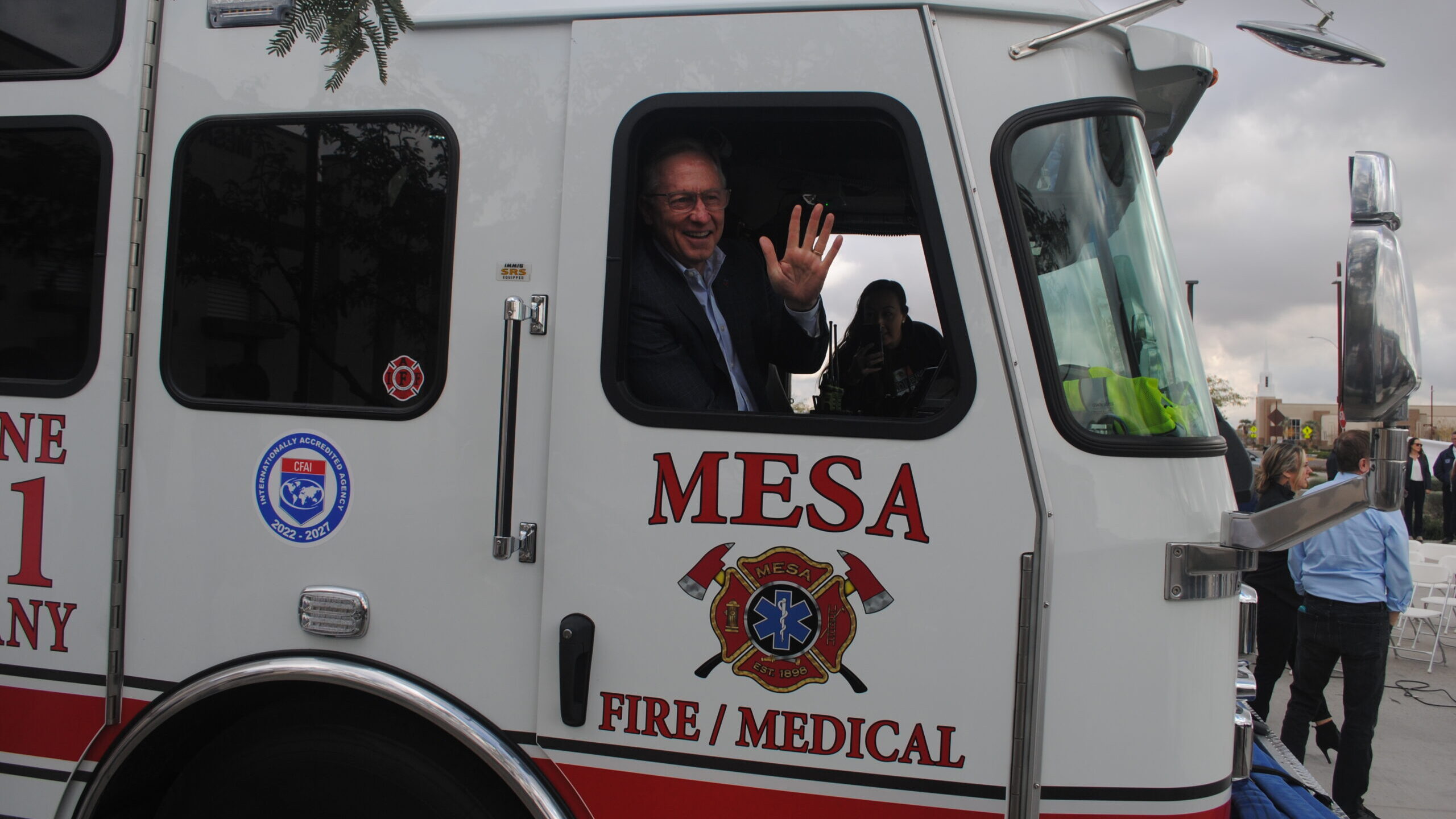 Mesa Mayor John Giles sits inside the city's state-of-the-art all-electric fire truck as it is offi...